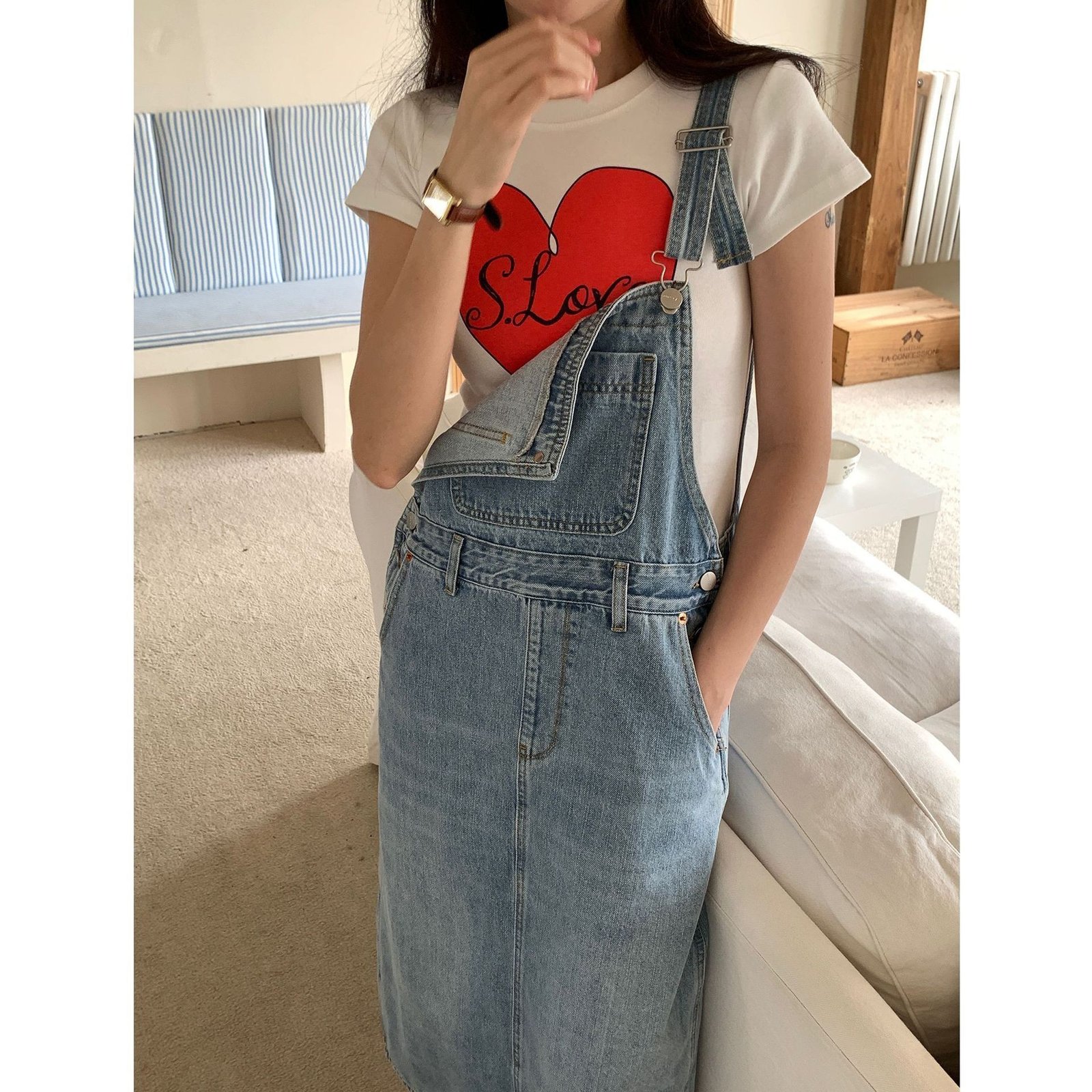 New Preppy-style Age-reducing Casual Denim Skirt With A Slit And Suspender Straps - Image 6