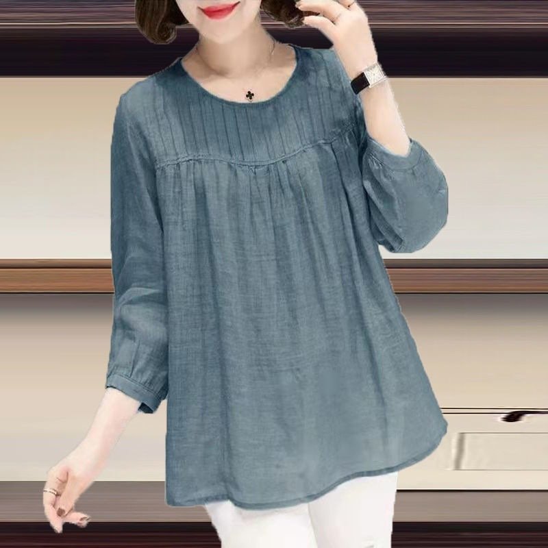 Cotton Round Collar Nine Quarter Sleeve Cotton Linen Shirt Women - Image 3
