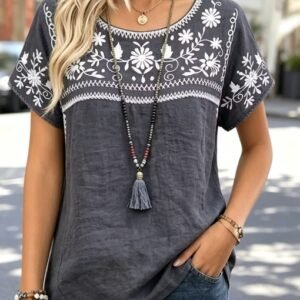 Boho Floral Print Crew Neck Loose Fit Top