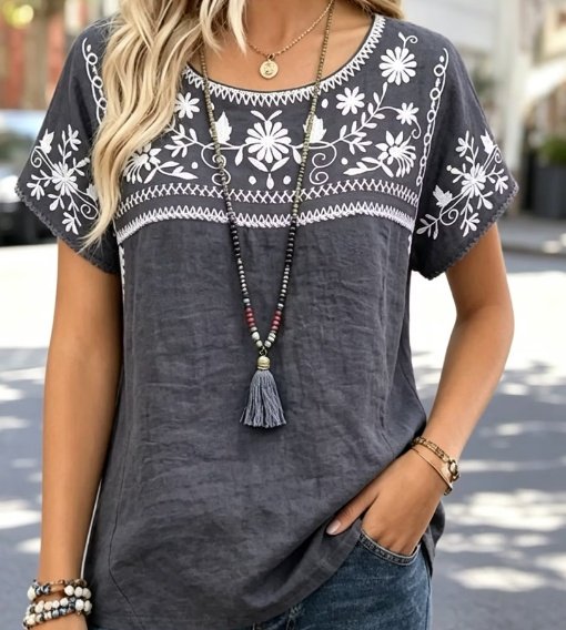 Boho Floral Print Crew Neck Loose Fit Top