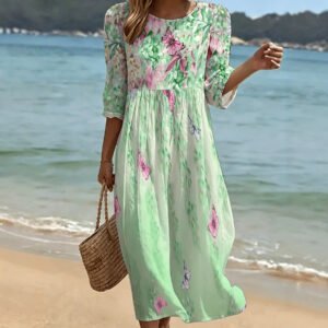 Fashionable Floral Print Dress – A-Line Midi Dress