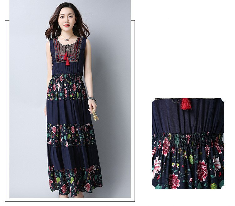 Large Size Cotton And Linen Slim-Fitting Embroidered Large-Length Mid-Length Dress Women - Image 7