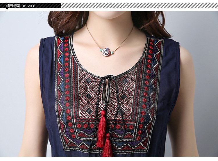 Large Size Cotton And Linen Slim-Fitting Embroidered Large-Length Mid-Length Dress Women - Image 5