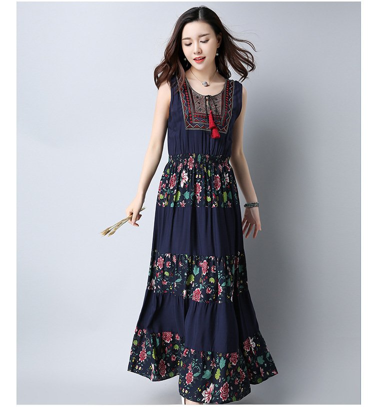 Large Size Cotton And Linen Slim-Fitting Embroidered Large-Length Mid-Length Dress Women - Image 4