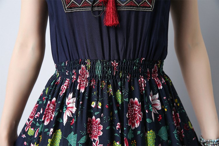 Large Size Cotton And Linen Slim-Fitting Embroidered Large-Length Mid-Length Dress Women - Image 3