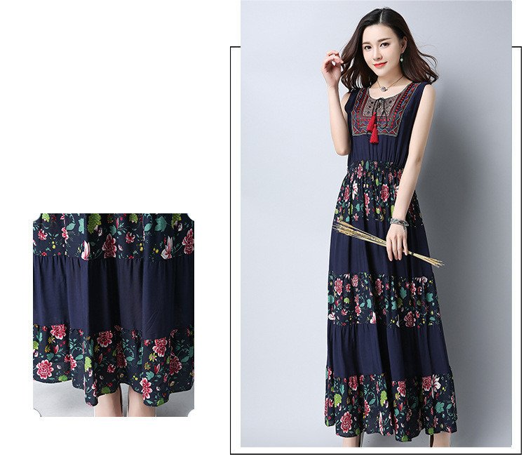 Large Size Cotton And Linen Slim-Fitting Embroidered Large-Length Mid-Length Dress Women - Image 2