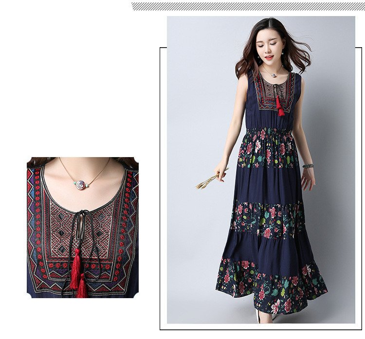 Large Size Cotton And Linen Slim-Fitting Embroidered Large-Length Mid-Length Dress Women - Image 8
