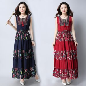 Large Size Cotton And Linen Slim-Fitting Embroidered Large-Length Mid-Length Dress Women