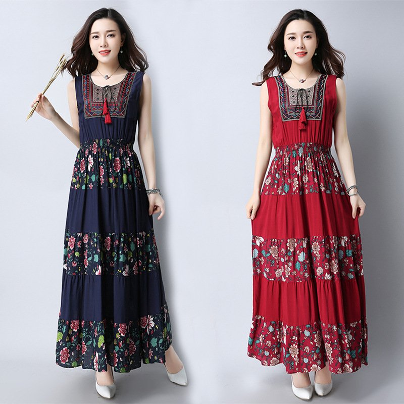 Large Size Cotton And Linen Slim-Fitting Embroidered Large-Length Mid-Length Dress Women