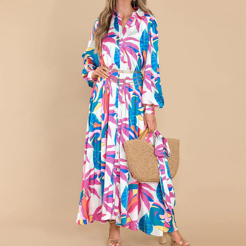 New Printed Dresses Long-sleeved Polo Collar Oversized Hem Dresses Women - Image 2