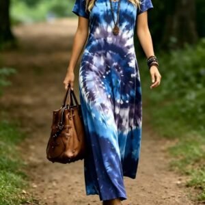 Vintage Boho Summer Dress  Elegant Swirl Tie-Dye Print, U-Neck Short Sleeve