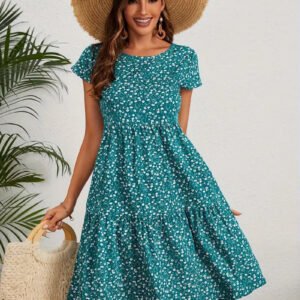 All Over Print Crew Neck Short Sleeve Casual Women's Dress