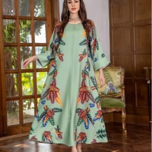 Elegant Floral Print Long Sleeve Abaya Dress