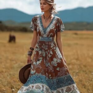 Creative Totem-print Womens Summer V-neck Short-sleeve Dress