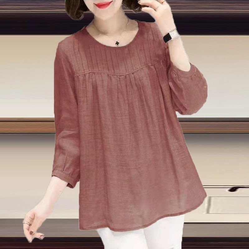 Cotton Round Collar Nine Quarter Sleeve Cotton Linen Shirt Women - Image 5