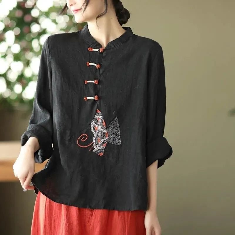 Ethnic Style Plus Size Cotton And Linen Shirt For Women - Image 7