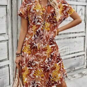 Cross-border Foreign Trade Amazon Temu Hot Sale Dress Spring And Summer New Flower Printing Notch Neckline Dress