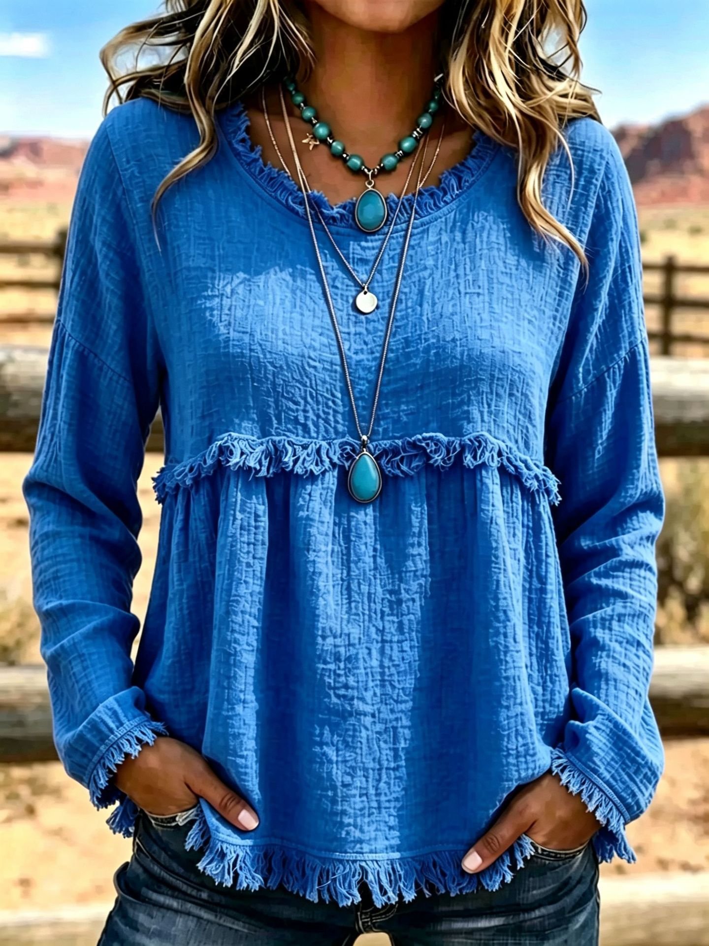 Tasseled Vintage Crew-neck Top Chic Long-sleeve Shirt - Image 4