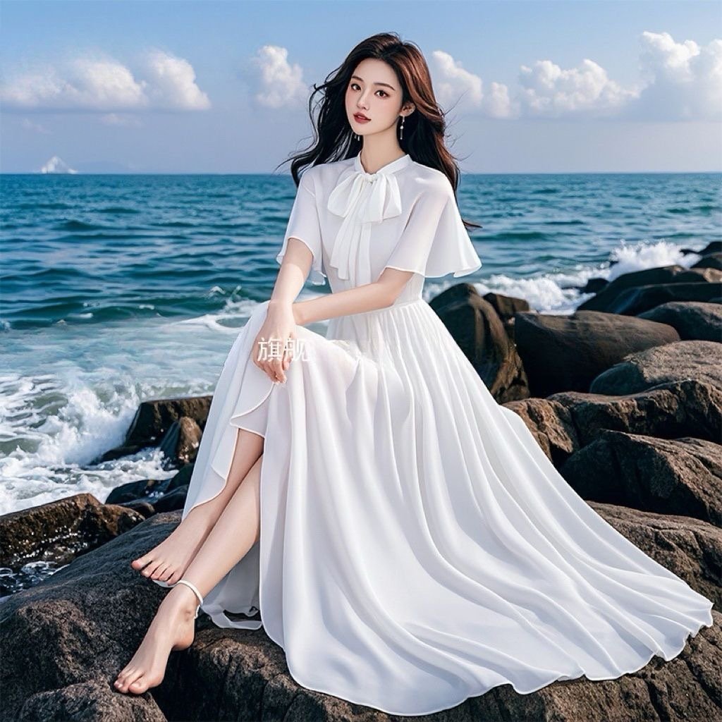 Elegant French-style White Chiffon Dress For Women - Image 7