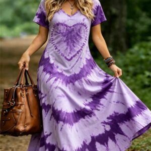 Women's V Neck Short Sleeve Maxi Dress, Heart Tie Dye Print Loose Casual Long Dress For Daily Holiday