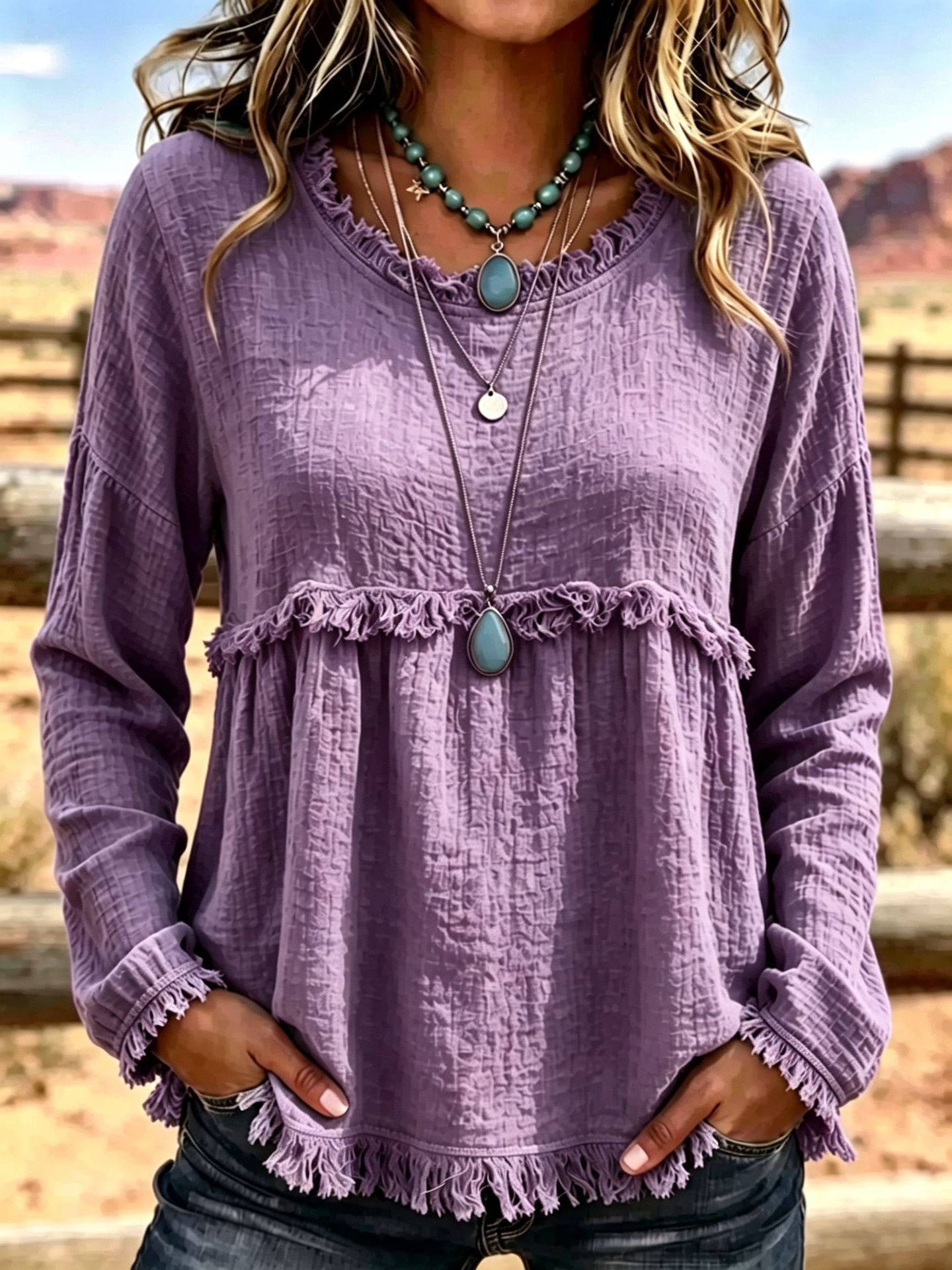 Tasseled Vintage Crew-neck Top Chic Long-sleeve Shirt - Image 2
