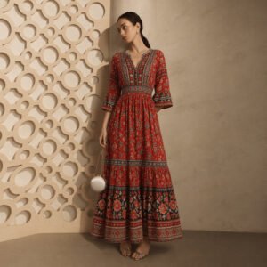 Womens Retro Floral V-Neck Waist-Cinching Dress