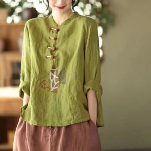 Ethnic Style Plus Size Cotton And Linen Shirt For Women