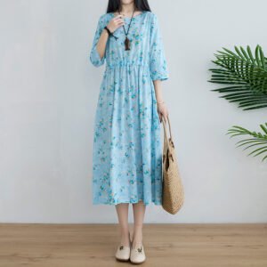 Cotton And Linen Literary Retro Dress Women Summer New Loose Large Size Waist Dress