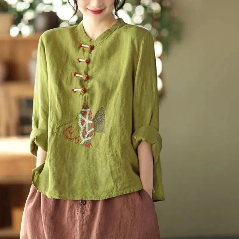 Ethnic Style Plus Size Cotton And Linen Shirt For Women - Image 5