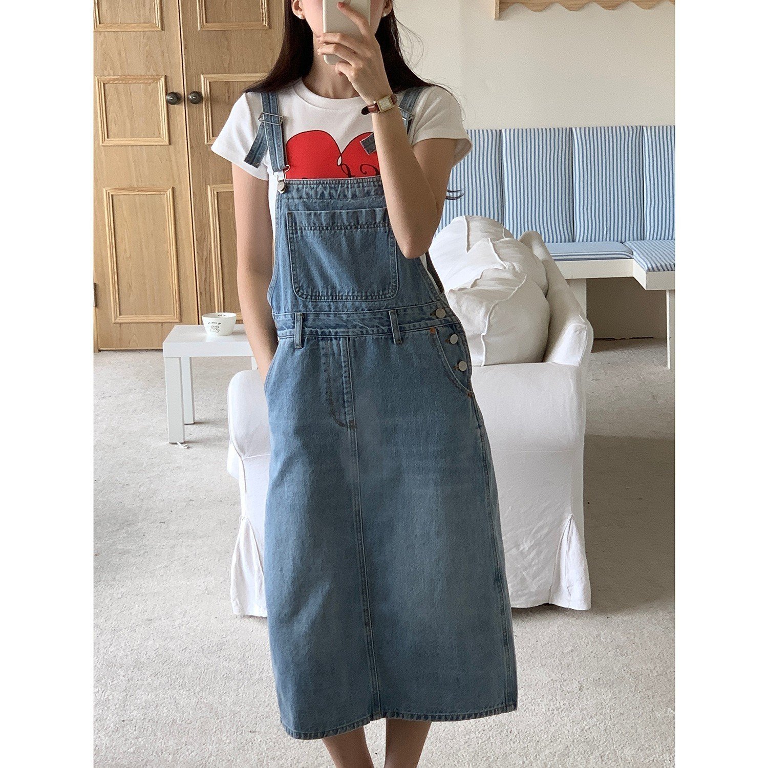 New Preppy-style Age-reducing Casual Denim Skirt With A Slit And Suspender Straps - Image 7