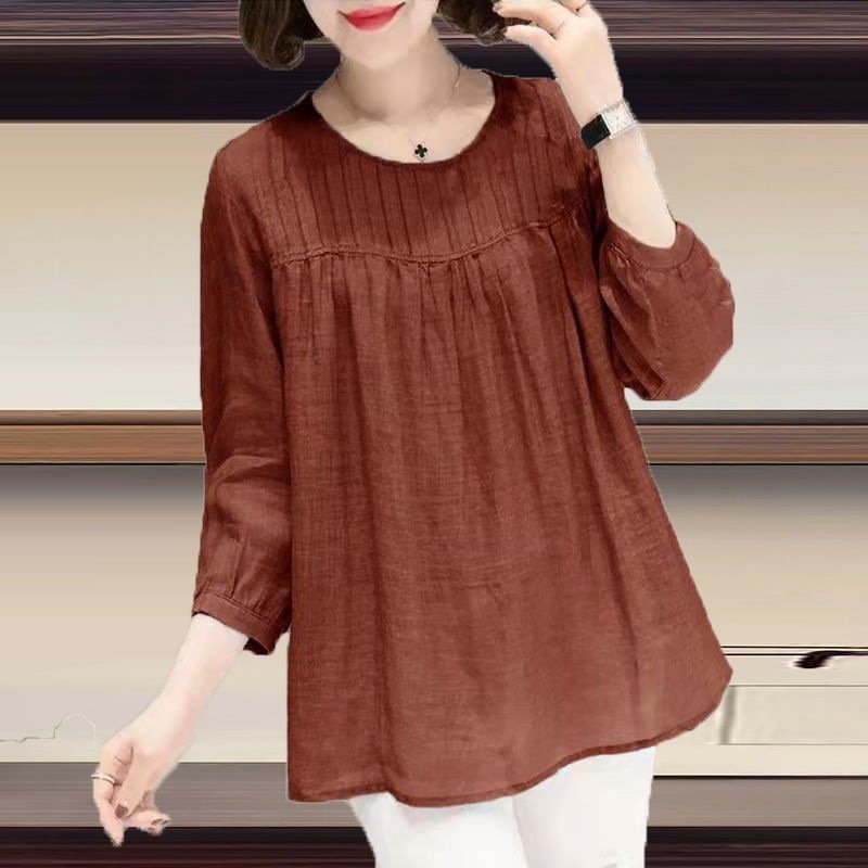 Cotton Round Collar Nine Quarter Sleeve Cotton Linen Shirt Women - Image 4