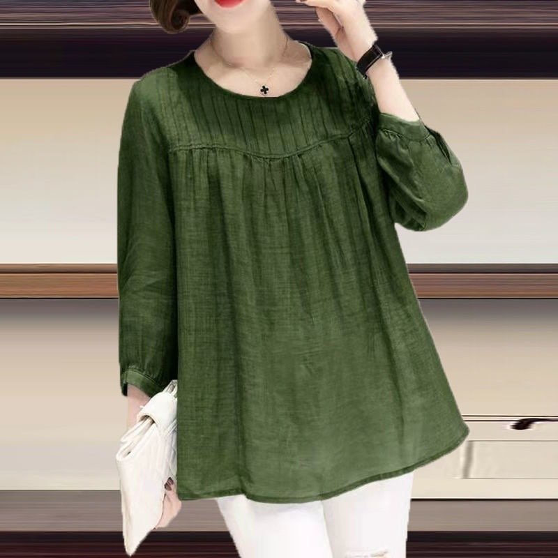Cotton Round Collar Nine Quarter Sleeve Cotton Linen Shirt Women - Image 2