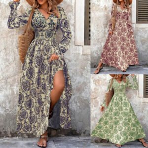Women V Neck Long Sleeve Floral Maxi Dress Smocked Waist Flowy Bohemian Printed Long Dress