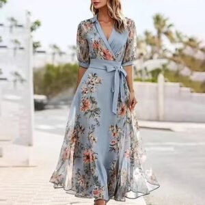 European And American Fashion Cross-Border New Chiffon Printed Short-Sleeved Dress With Belt