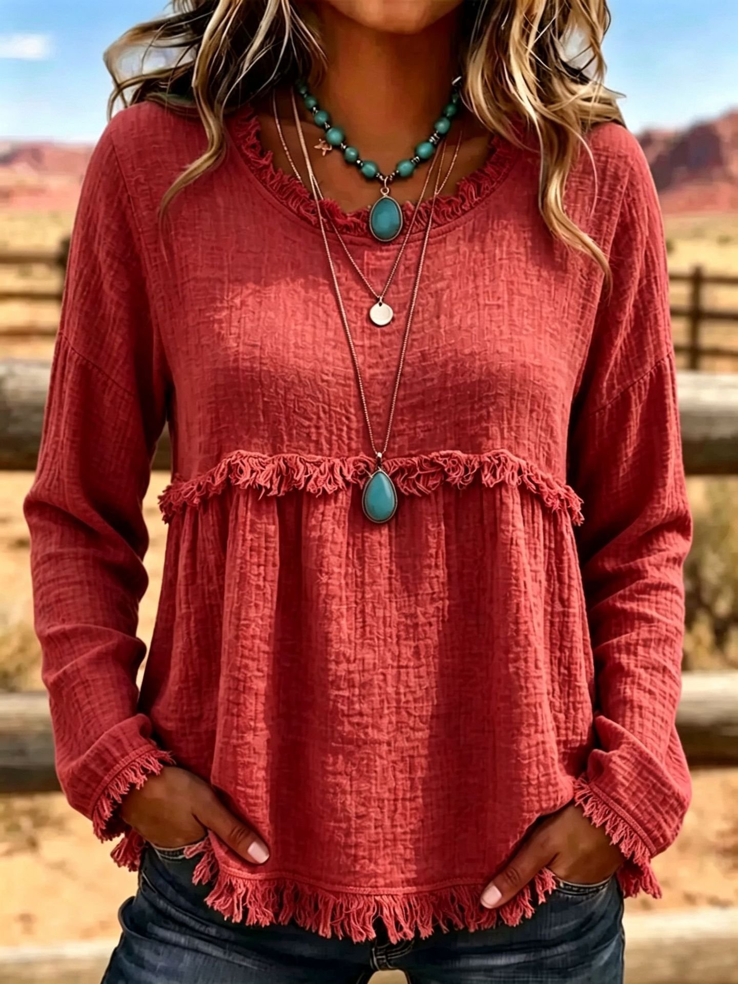 Tasseled Vintage Crew-neck Top Chic Long-sleeve Shirt - Image 3