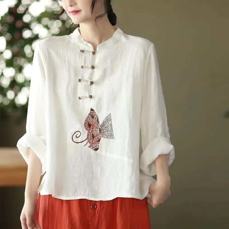 Ethnic Style Plus Size Cotton And Linen Shirt For Women - Image 9