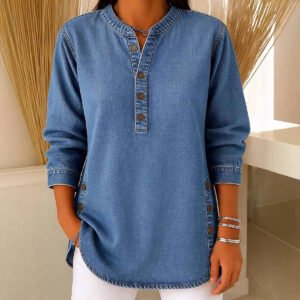 V-neck Denim-look Mid-length Sleeve Top