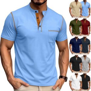 Cross Border Men's Henley Collar Stitched Top, Amazon Summer Solid Color Half Placket Casual Breathable Sports T Shirt For Men