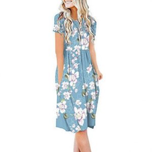 New Womens Printed Loose-fit Pocket Dress With Short Sleeves