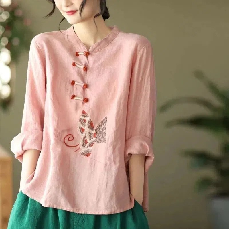 Ethnic Style Plus Size Cotton And Linen Shirt For Women - Image 8
