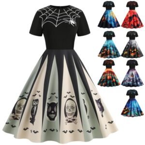 Round-neck Vintage Party-print Slim-fit Figure-flattering Dress