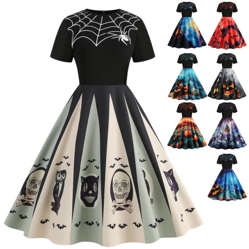 Round-neck Vintage Party-print Slim-fit Figure-flattering Dress