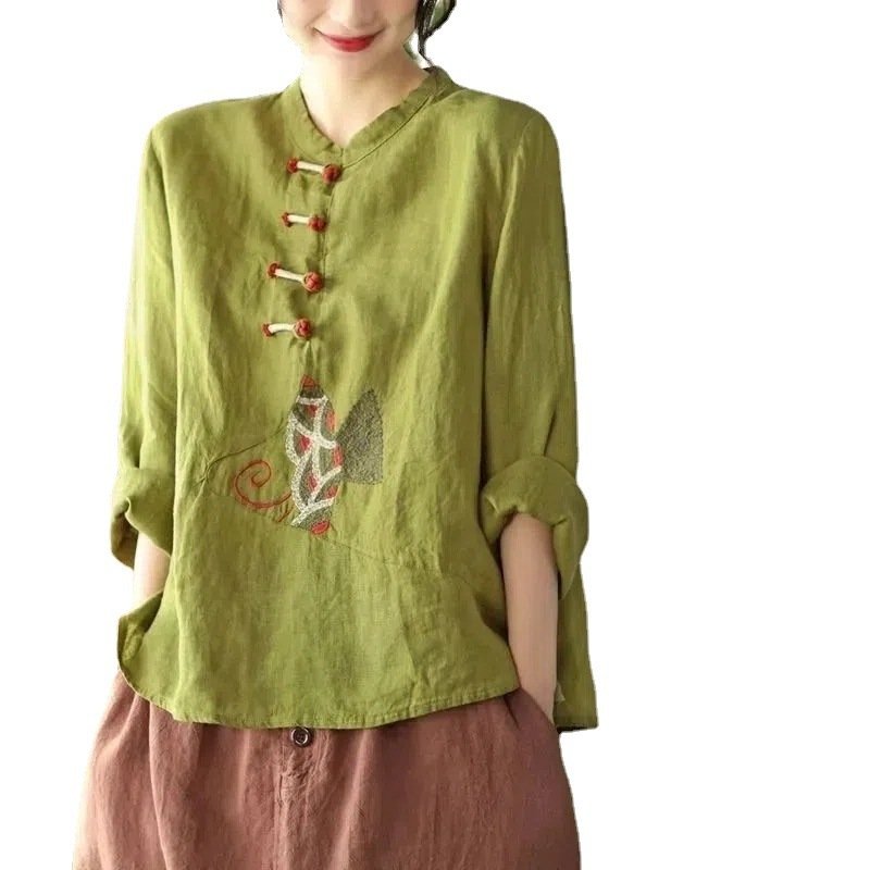 Ethnic Style Plus Size Cotton And Linen Shirt For Women - Image 6