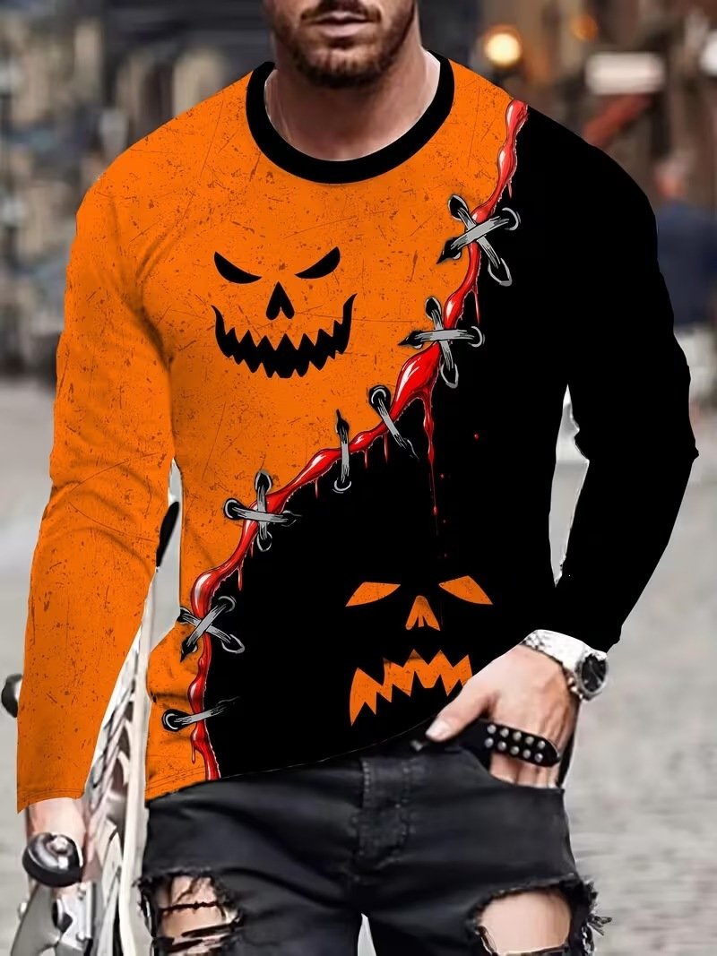 Cross-border Comfortable Versatile Men's Crew Neck Long Sleeve T-shirt, 3D Printed Halloween Series With Color Block Design, Suitable For All Seasons - Image 4