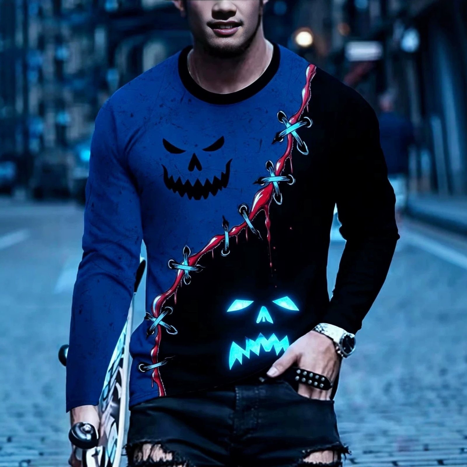 Cross-border Comfortable Versatile Men's Crew Neck Long Sleeve T-shirt, 3D Printed Halloween Series With Color Block Design, Suitable For All Seasons - Image 8