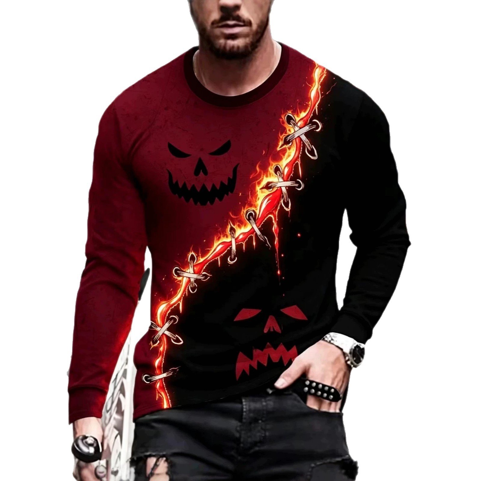 Cross-border Comfortable Versatile Men's Crew Neck Long Sleeve T-shirt, 3D Printed Halloween Series With Color Block Design, Suitable For All Seasons - Image 6