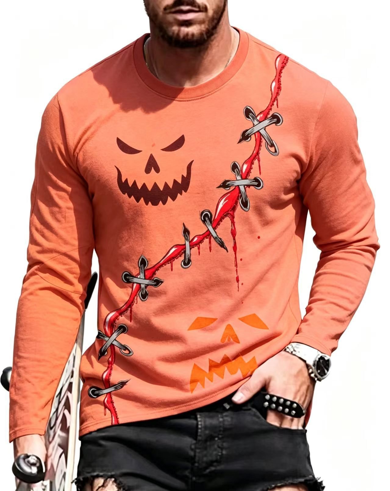 Cross-border Comfortable Versatile Men's Crew Neck Long Sleeve T-shirt, 3D Printed Halloween Series With Color Block Design, Suitable For All Seasons - Image 7
