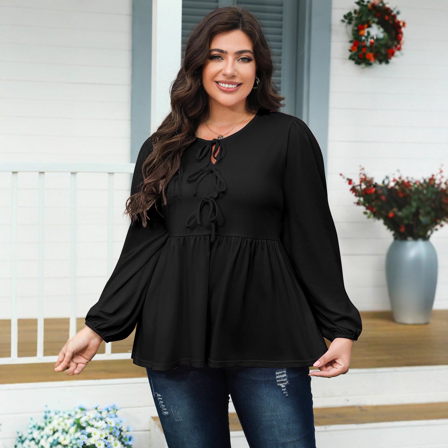 Womens Bow-Knot Pullover Top With Ties