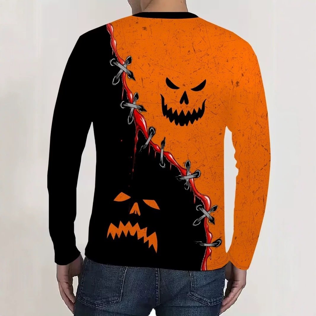 Cross-border Comfortable Versatile Men's Crew Neck Long Sleeve T-shirt, 3D Printed Halloween Series With Color Block Design, Suitable For All Seasons - Image 3