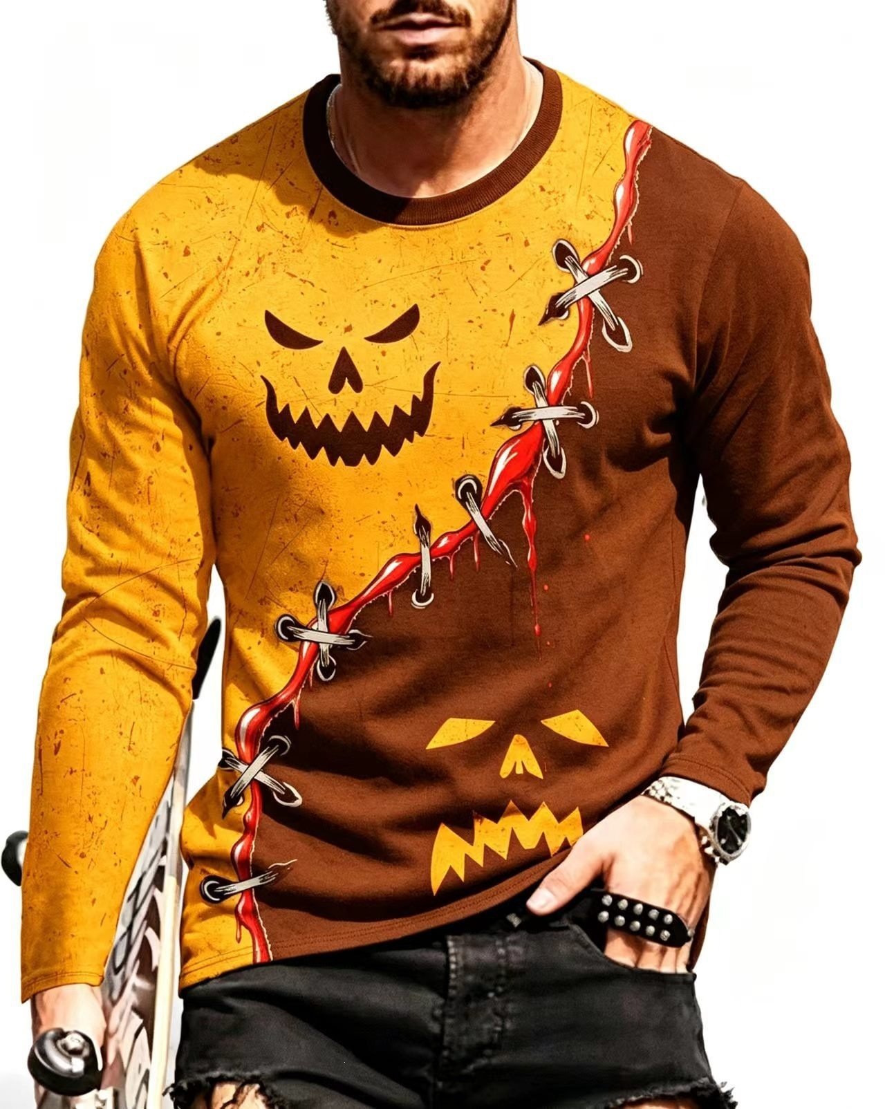 Cross-border Comfortable Versatile Men's Crew Neck Long Sleeve T-shirt, 3D Printed Halloween Series With Color Block Design, Suitable For All Seasons - Image 5